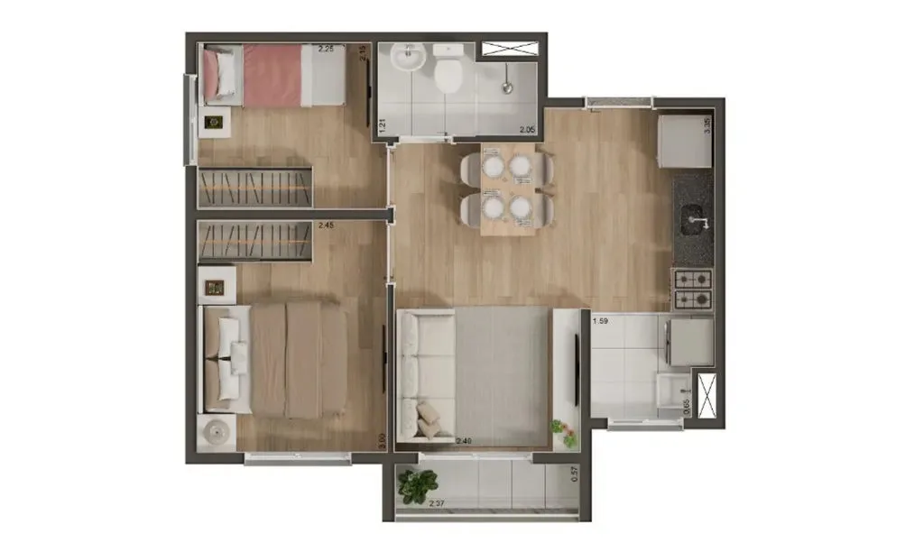 Planta de 2 dormitórios de 37 m² com vaga do Volt Santana