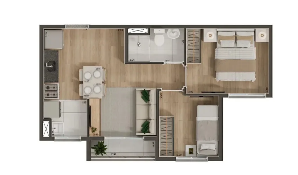 Planta de 2 dormitórios de 37 m² com vaga do Volt Santana, opção 2