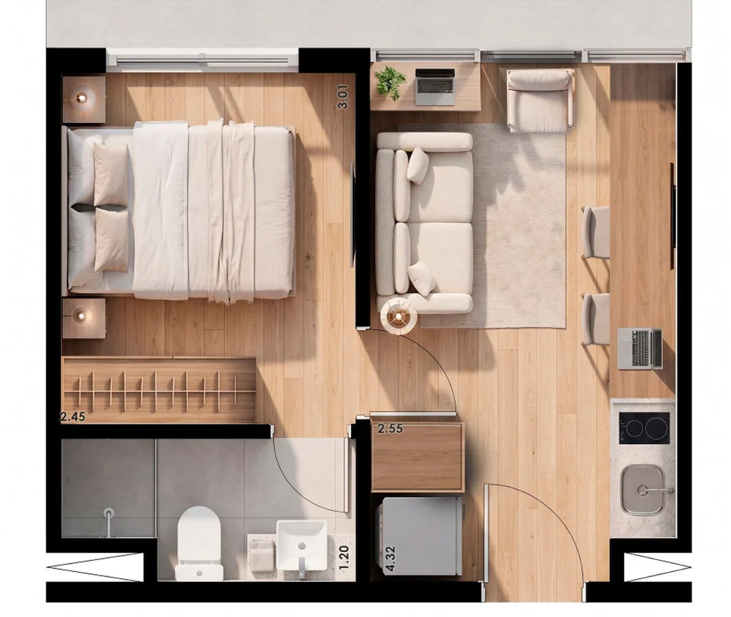 Planta de 1 dormitório com suíte de 26 m² do W Stay Frei Caneca