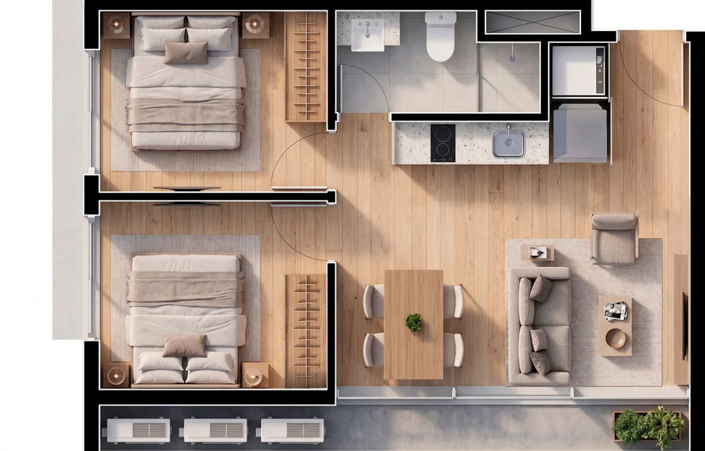 Planta de 2 dormitórios de 45 m² com vaga do W Stay Frei Caneca