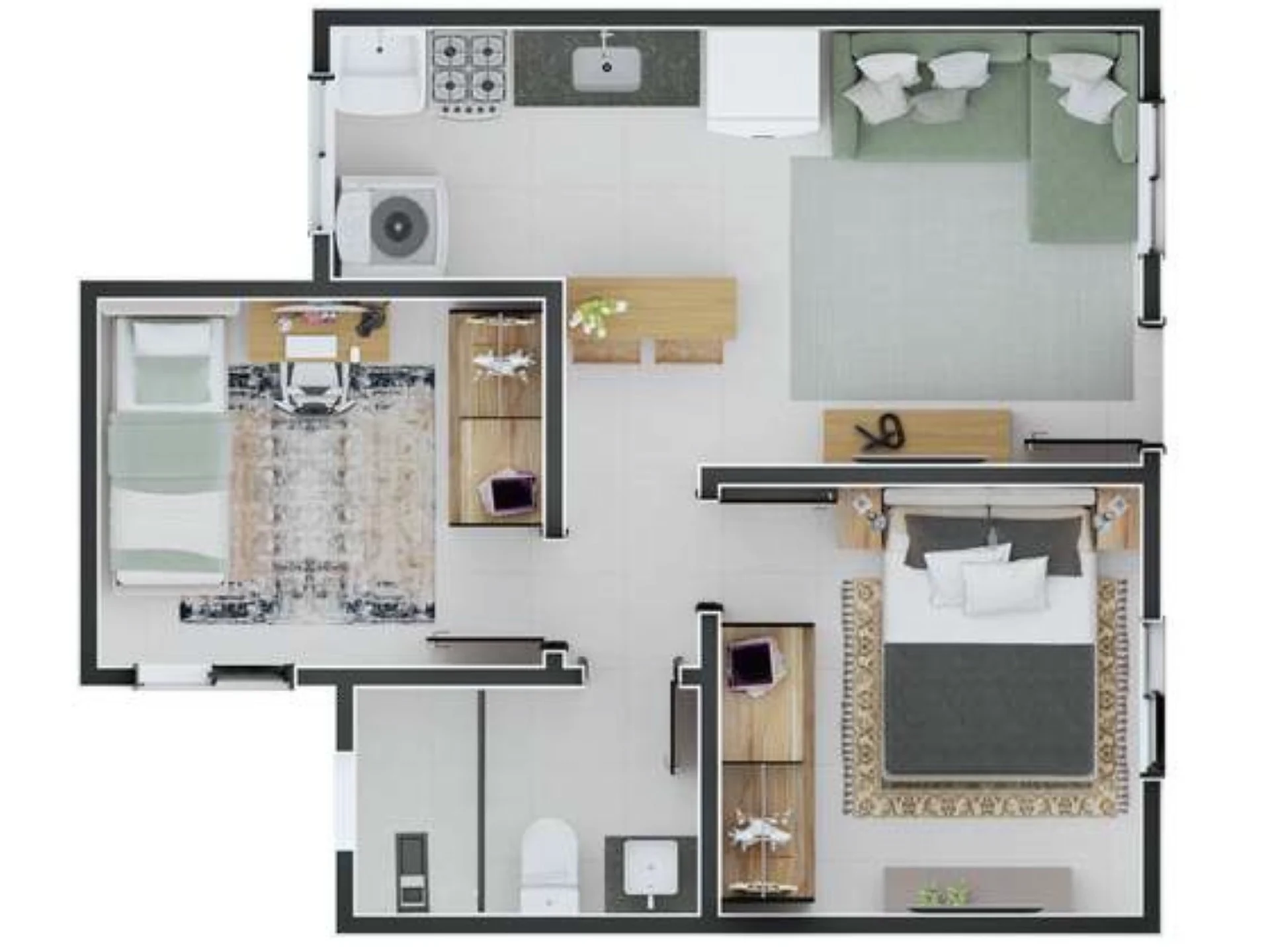 Planta de 2 dormitórios de 35,92 m² do Zahle