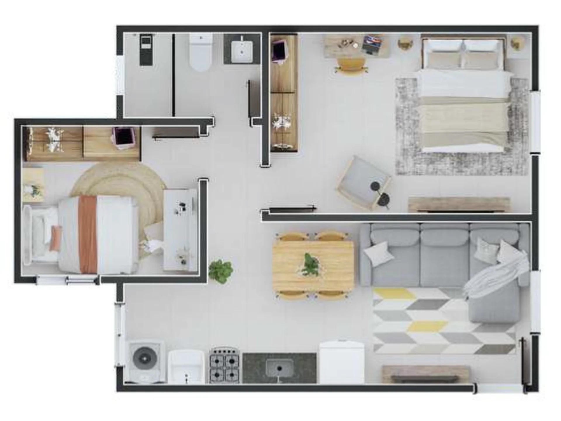 Planta de 2 dormitórios de 45,03 m² do Zahle
