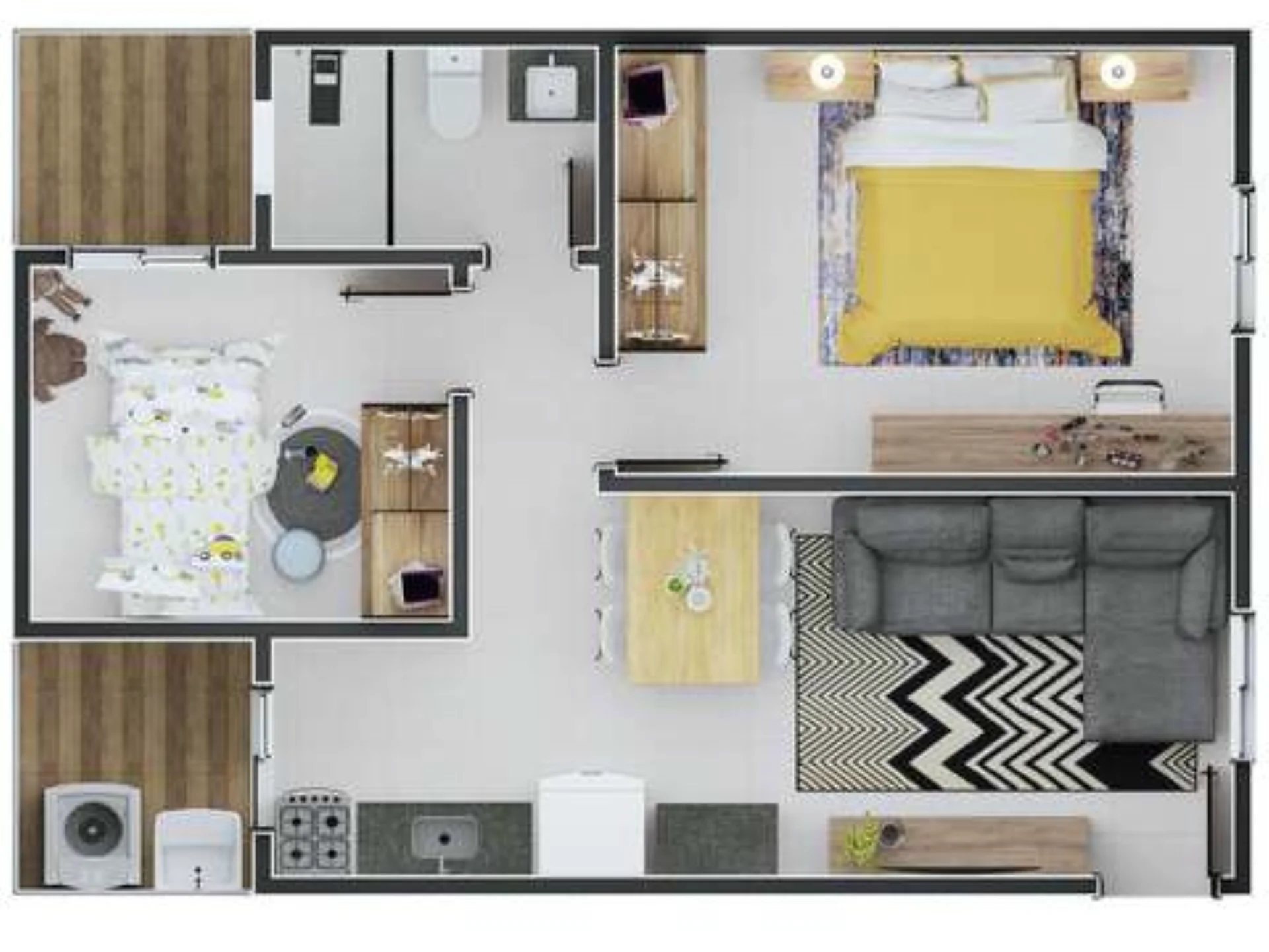 Planta de 2 dormitórios de 47,46 m² do Zahle